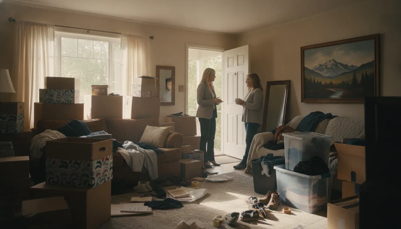 Professional home buyer meeting with a Washington homeowner inside a cluttered living room, discussing the as-is sale process