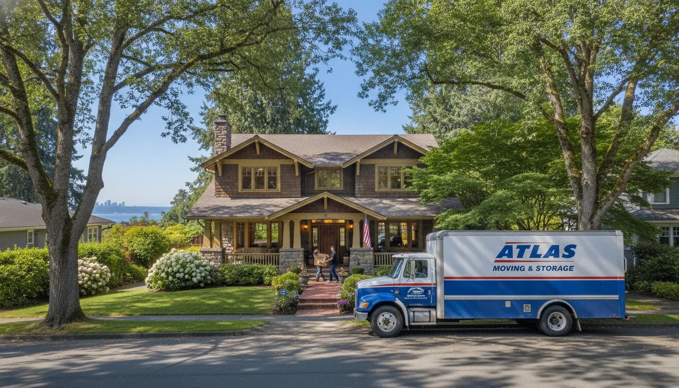 A beautiful craftsman style home in Kirkland, Washington, with a moving truck parked in front, representing a fast cash home sale