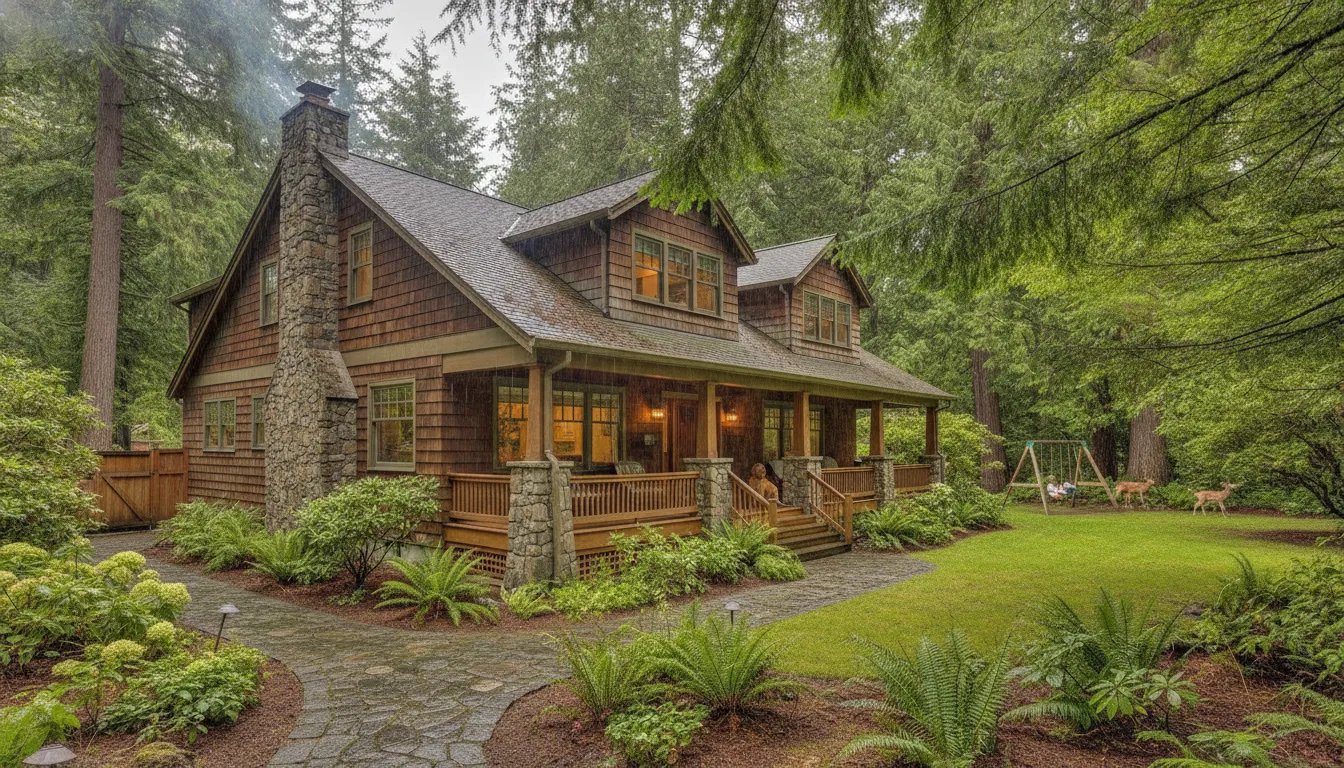A charming Seattle family home surrounded by pine trees, showing a quiet Washington neighborhood
