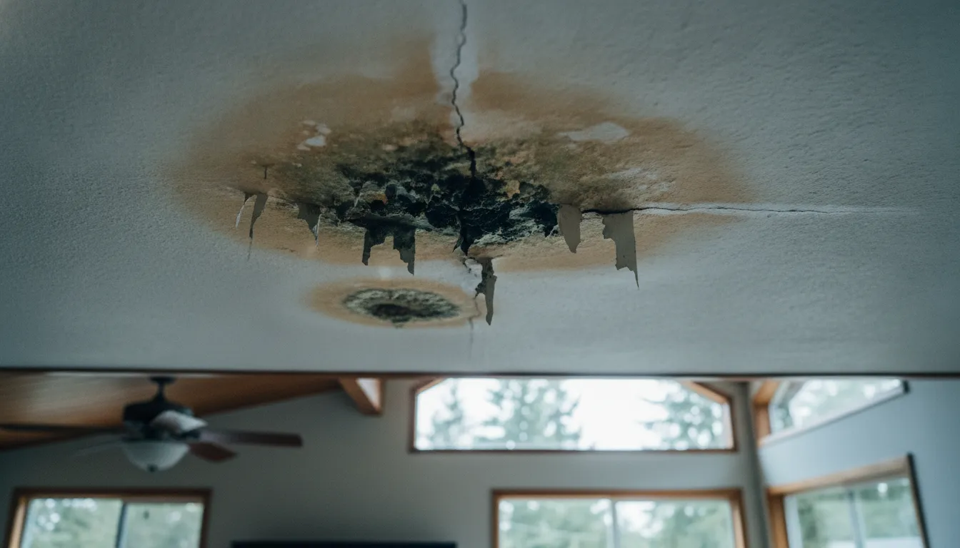 Water damaged drywall and mold growth on a ceiling in a Washington home