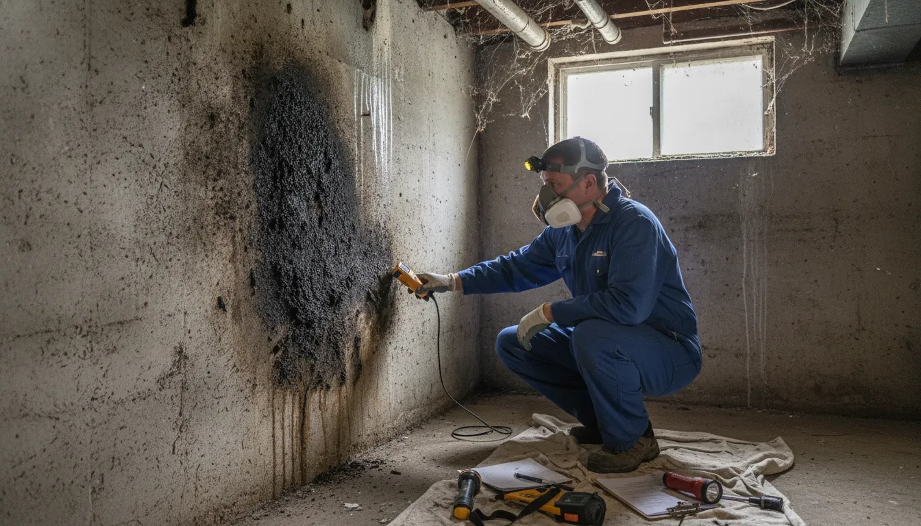 Home inspector examining dark mold growth on a basement wall in a Washington home