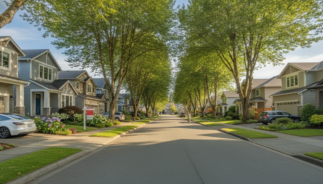 Residential street in Renton, Washington with mature trees and well-maintained homes