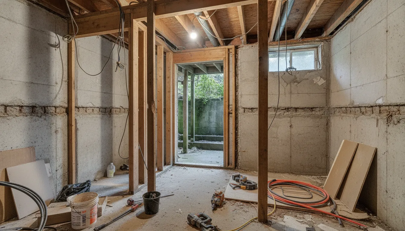 Washington home unfinished basement renovation with exposed wiring and unpermitted structural work