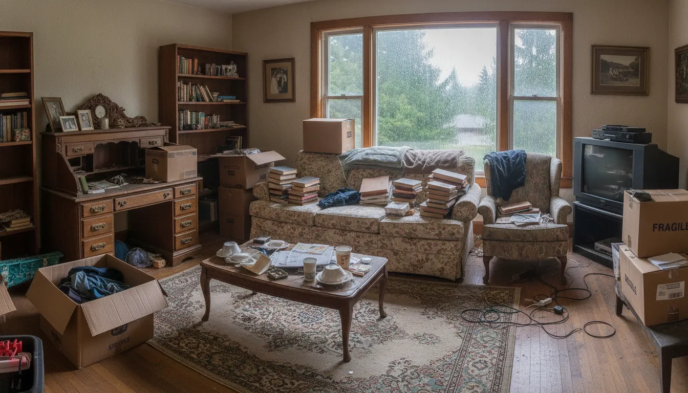Messy living room filled with old furniture and boxes in a Washington home being sold as-is