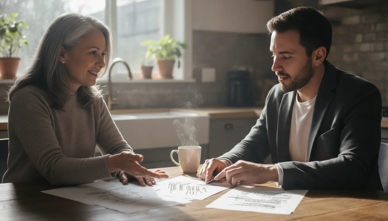 Washington homeowner reviewing sale documents with a buyer in a naturally lit kitchen