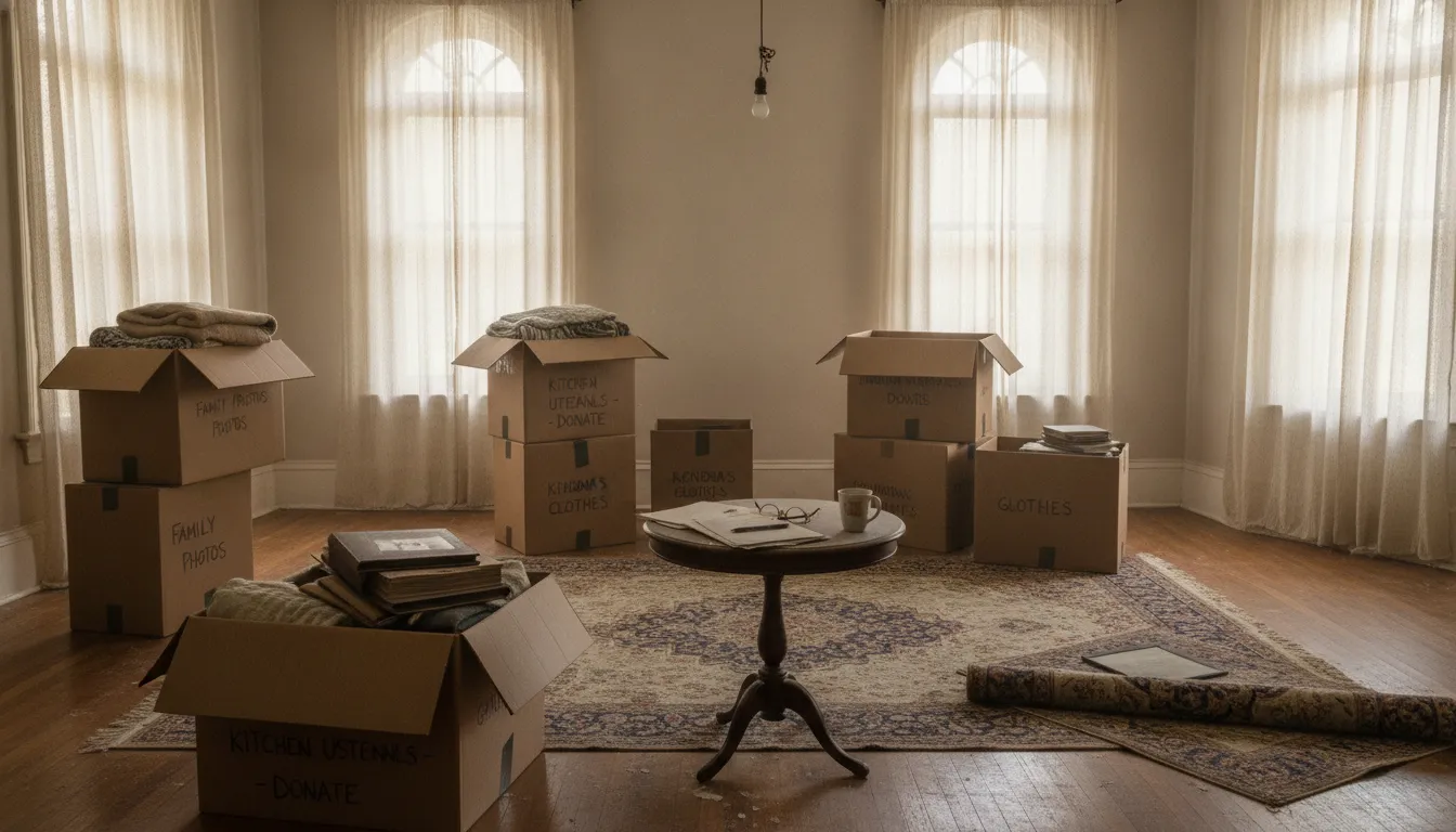 Inherited home interior with personal belongings and moving boxes