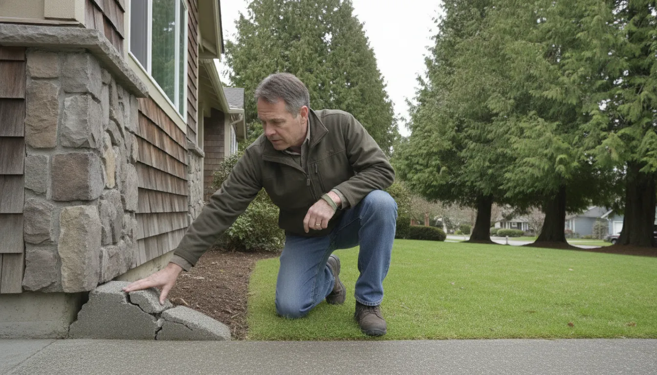 Washington homeowner inspecting a foundation crack