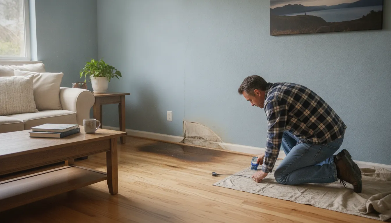 Washington homeowner inspecting water damage in a house