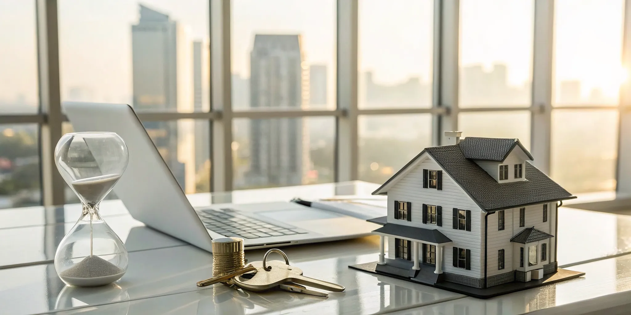 A model house, keys, and an hourglass on a desk for a fast we buy houses cash offer.