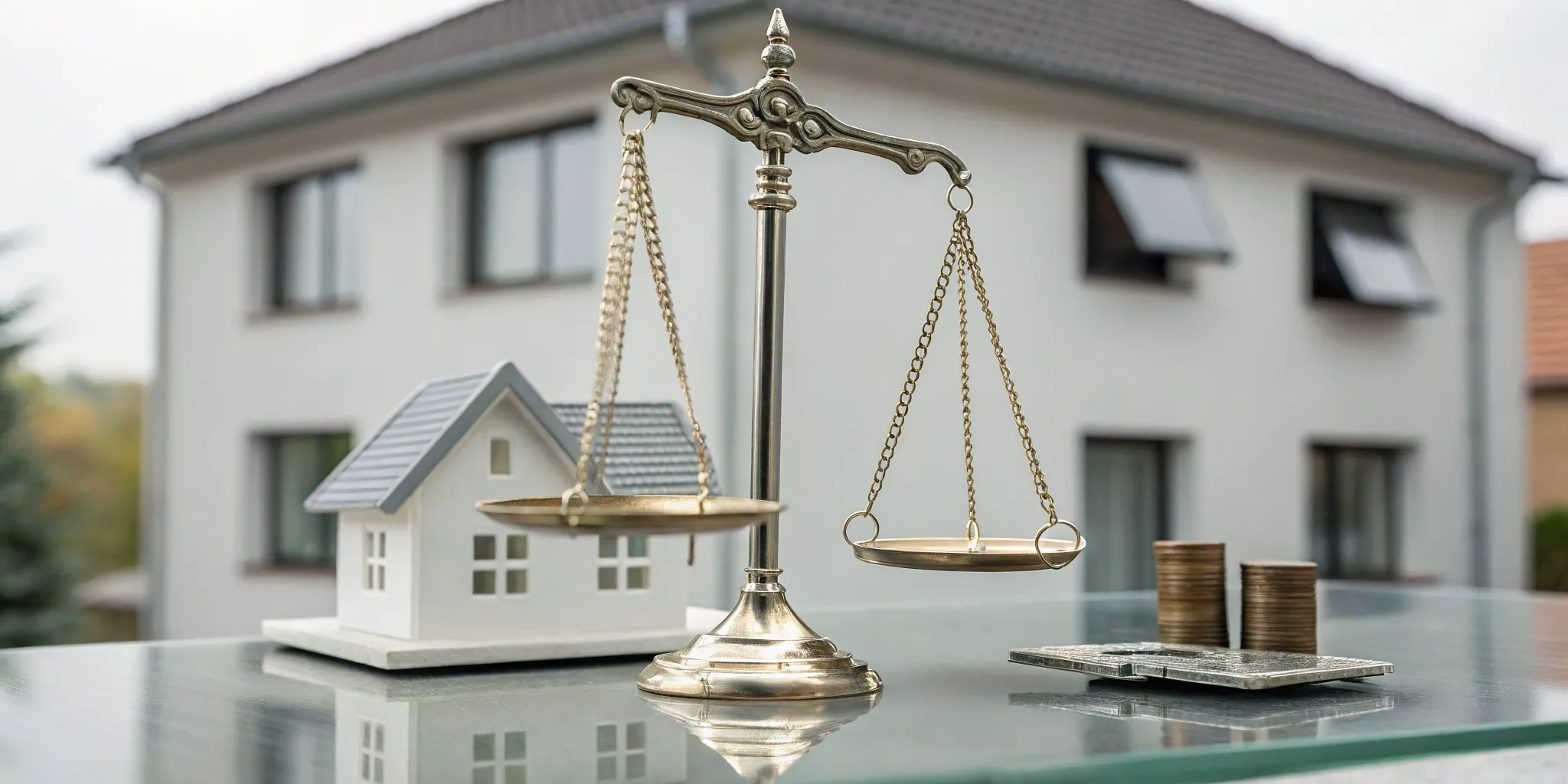 A house and cash on scales, weighing the pros and cons of we buy houses in Washington state.