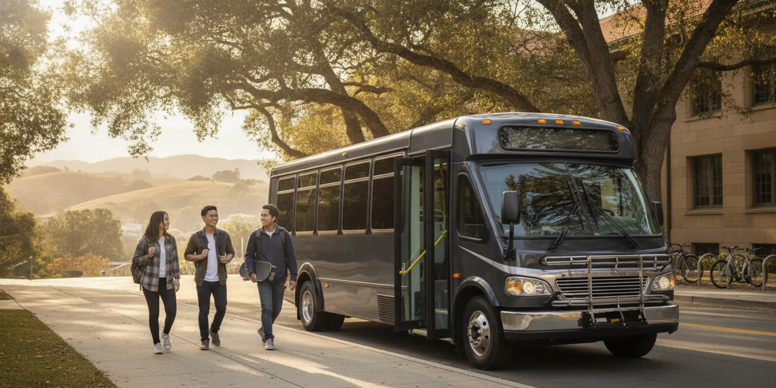A campus shuttle bus waiting near a university walkway in the San Francisco Bay Area