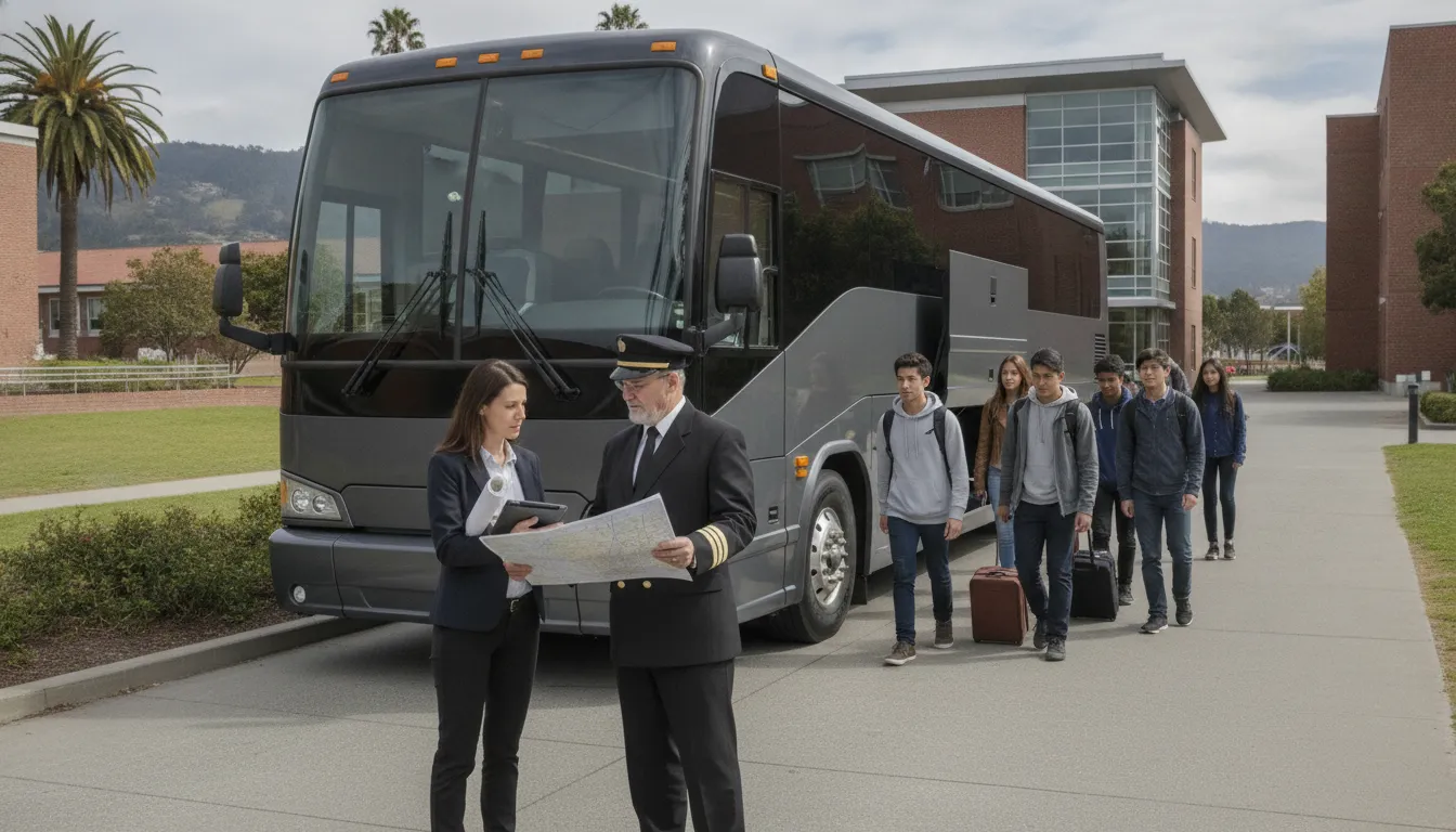 Event coordinator planning a college transportation bus rental route with a chauffeur