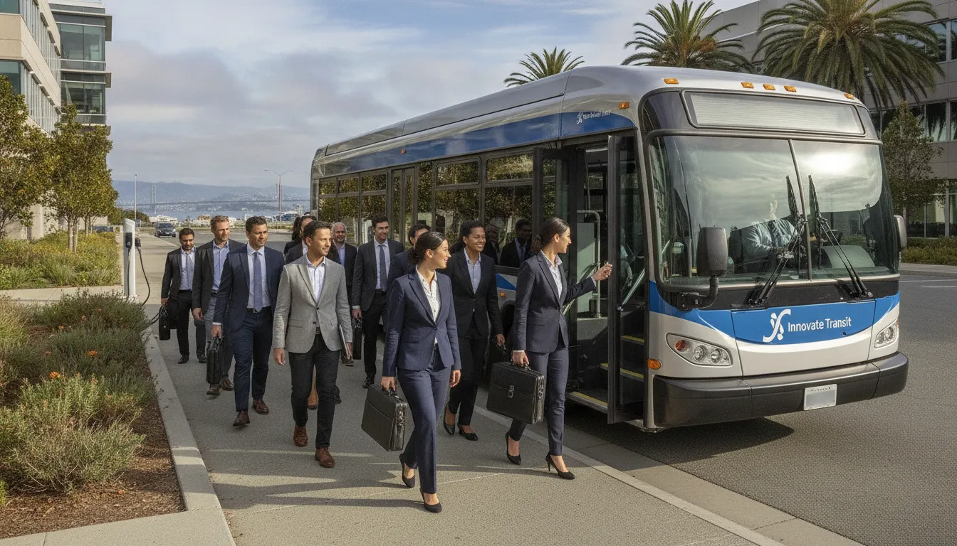 Employees boarding a corporate shuttle service at a Bay Area office