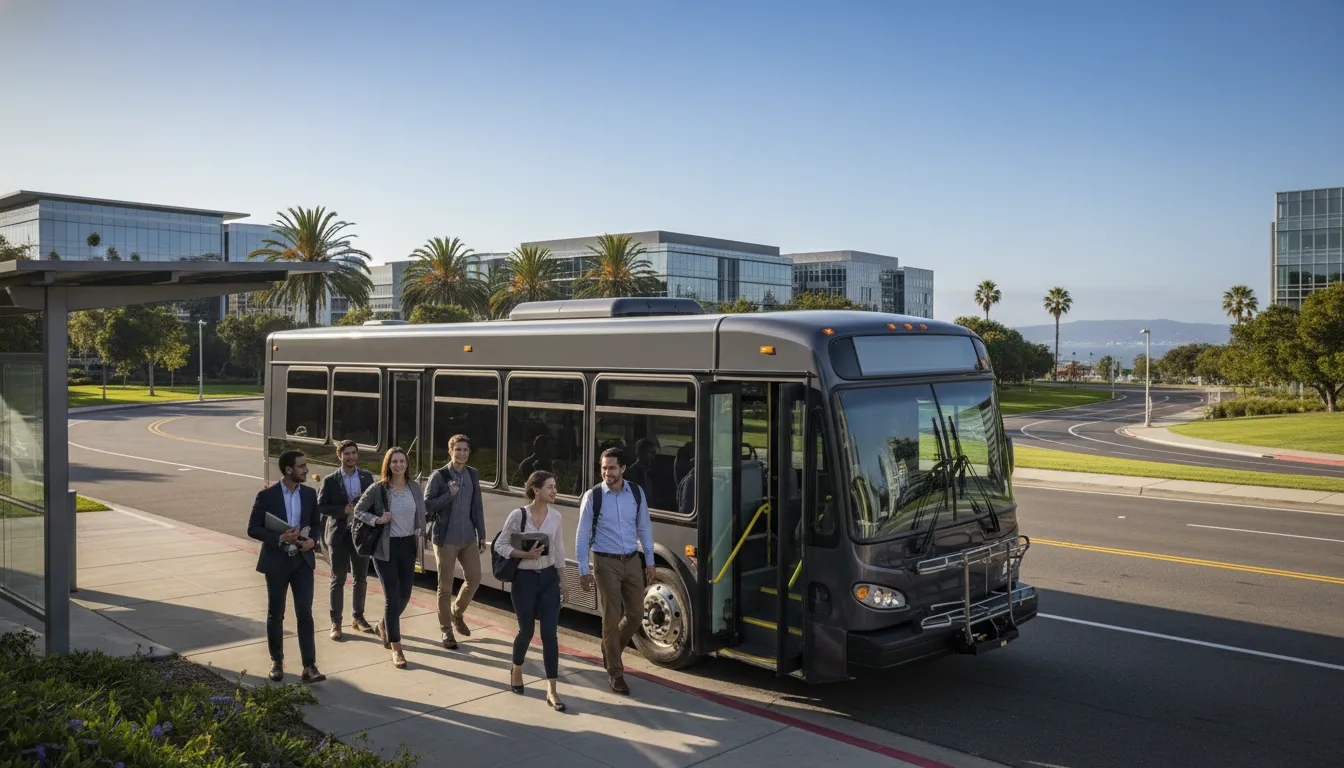 Employees boarding an employee shuttle service at a Bay Area corporate campus
