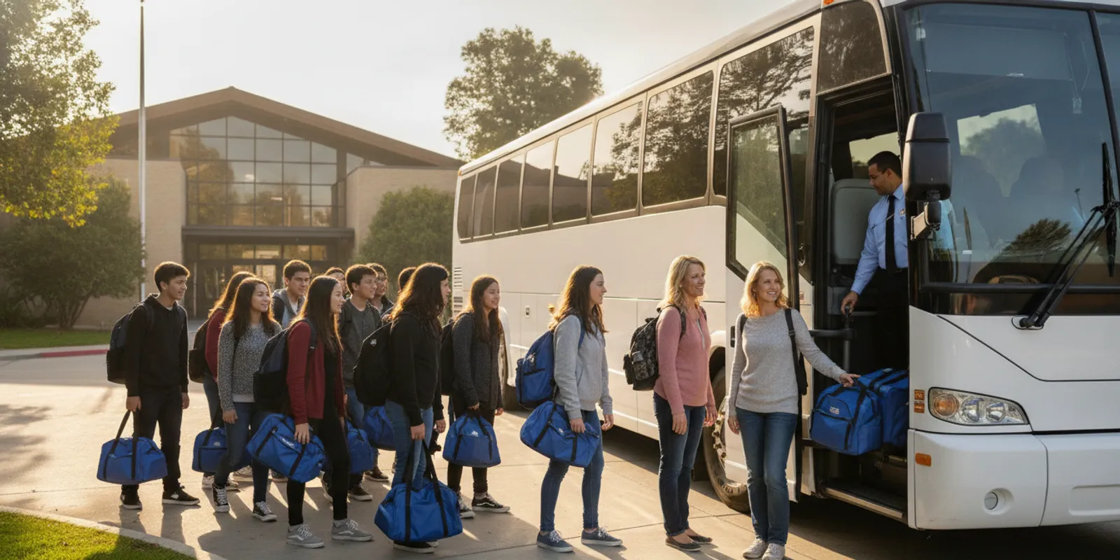Students boarding a charter bus with their teachers for a multi-day group trip
