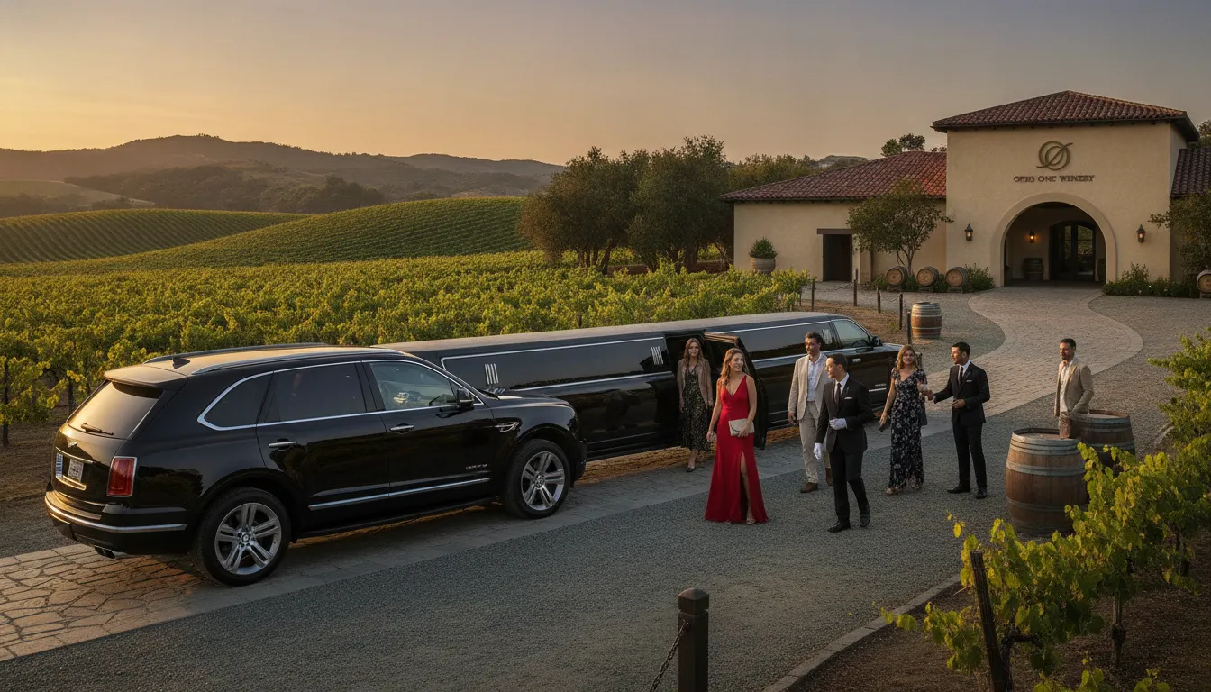 Luxury black SUV and limousine at a Napa Valley vineyard entrance with chauffeur assisting guests