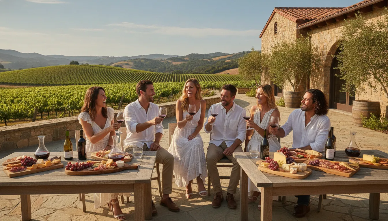 Group of friends enjoying wine tasting at a Napa Valley winery outdoor patio with vineyard views