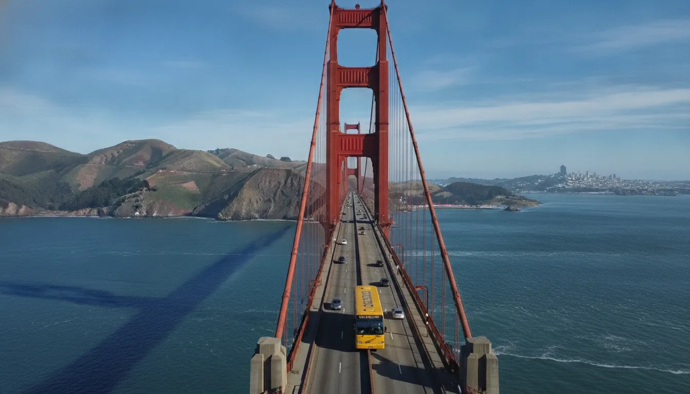 Charter bus traveling in the San Francisco Bay Area near the Golden Gate Bridge