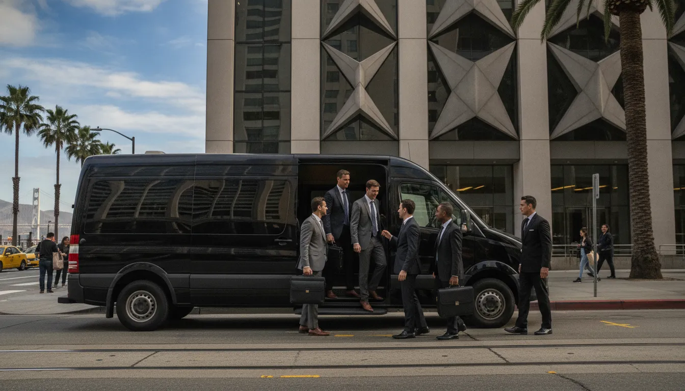 Corporate professionals boarding a black Mercedes Sprinter van outside a San Francisco office building