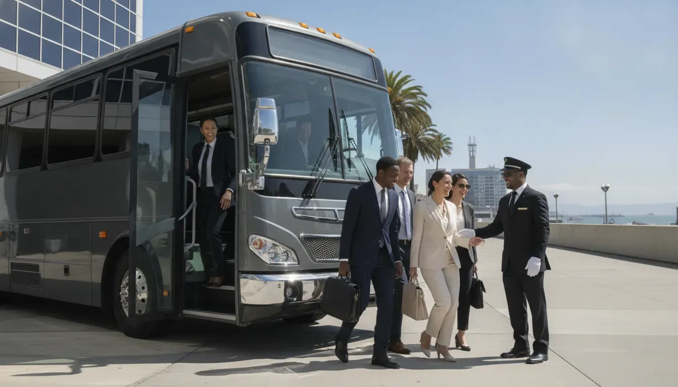 Guests boarding a charter shuttle bus at a Bay Area convention center