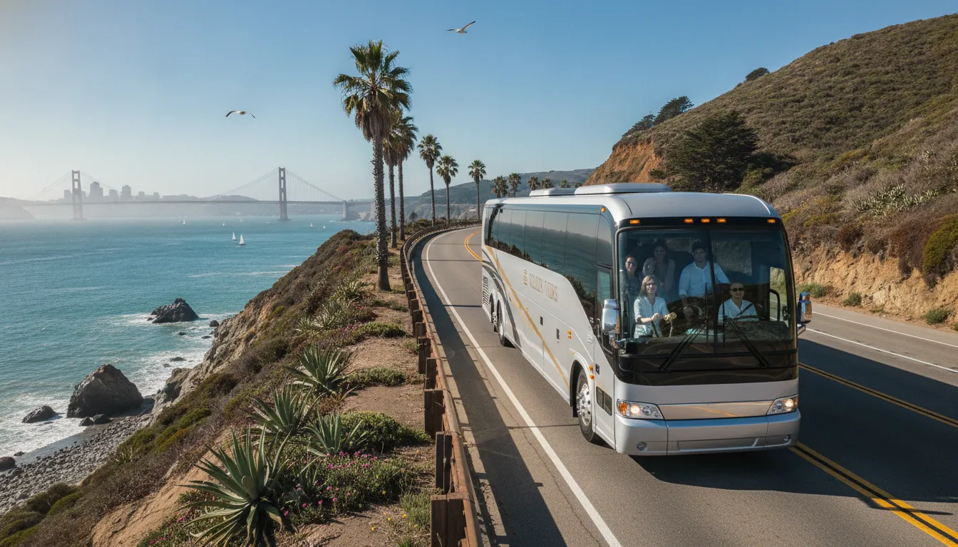 Modern charter bus navigating a scenic Bay Area coastal route during a guided tour