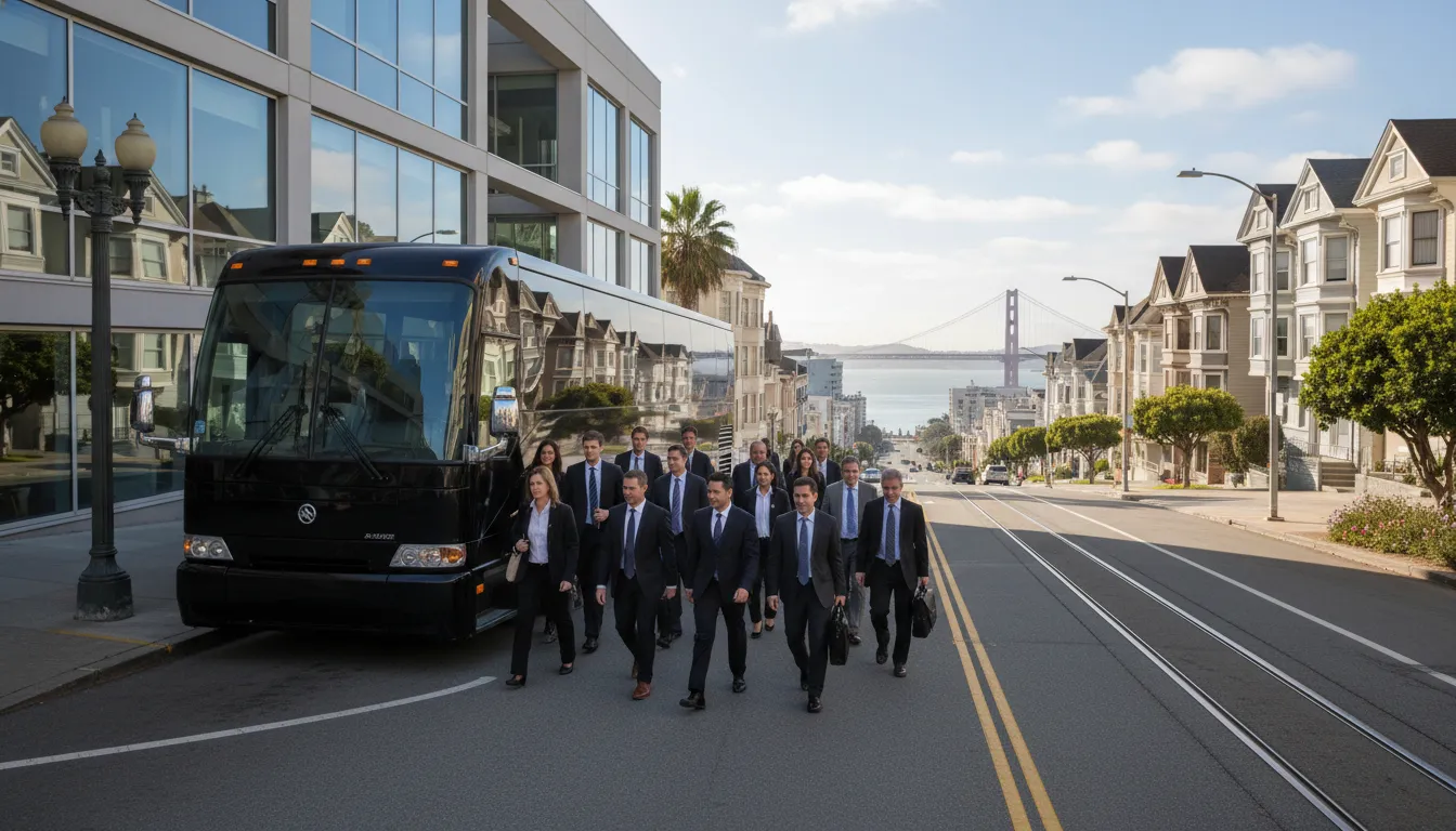 Charter bus rental San Francisco passengers boarding at an event venue