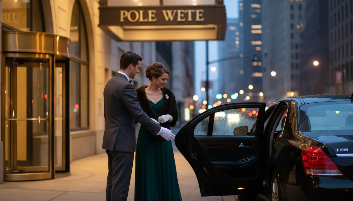 Professional chauffeur in a dark suit opening the door of a black limousine for passengers at a downtown entrance