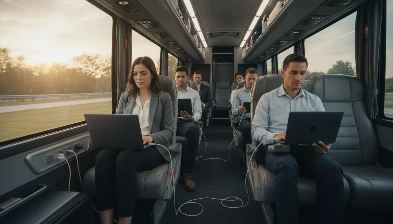 Business travelers using Wi-Fi and power outlets on a charter bus