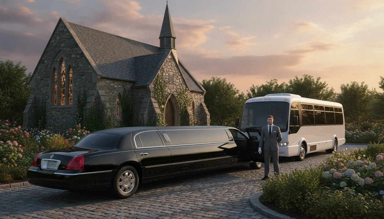Professional black limousine and passenger shuttle parked beside a stone chapel with landscaped gardens, representing funeral transportation services available for Bay Area families