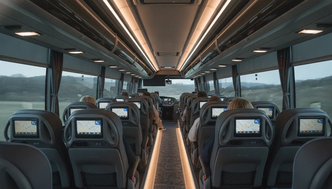 Modern charter bus interior with reclining seats and overhead storage