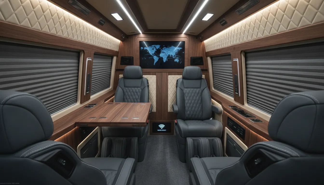 Luxury Mercedes-Benz Sprinter van executive interior with leather seating, wood trim, and ambient lighting
