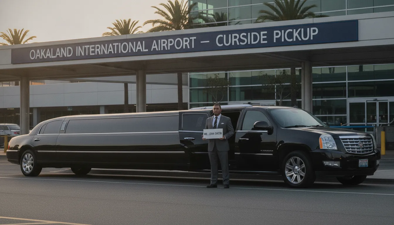 Black luxury vehicles waiting at curbside pickup area of Oakland International Airport with professional chauffeur assisting passengers