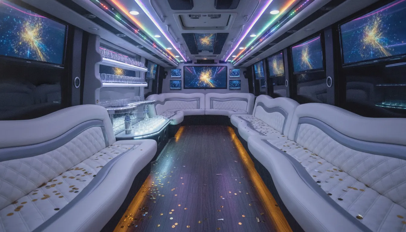 Spacious party bus interior with LED lighting and seating ready for prom night