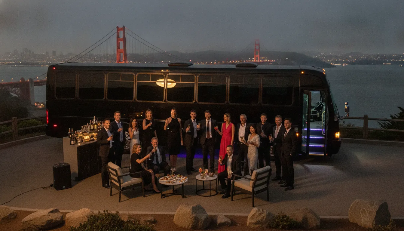 Group celebrating beside a party bus on a San Francisco evening route
