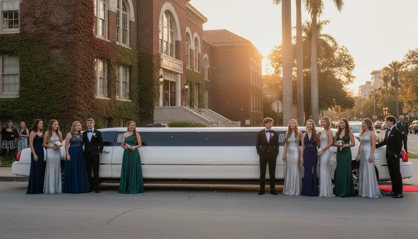 Elegant stretch limousine outside a school with prom attendees in formal wear