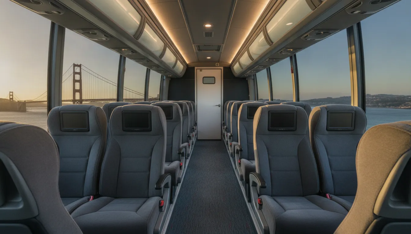 Full-size coach interior showing how charter buses have bathrooms at the rear