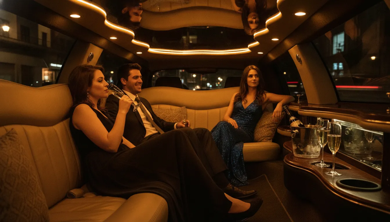 Passengers seated comfortably in the rear cabin of a black stretch limousine with warm interior lighting