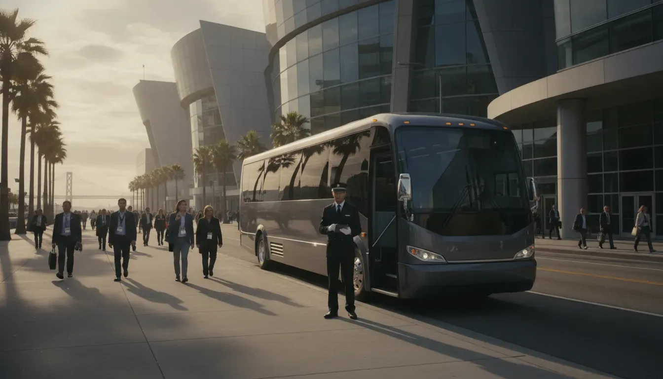 Luxury shuttle bus for public events parked outside a San Francisco venue