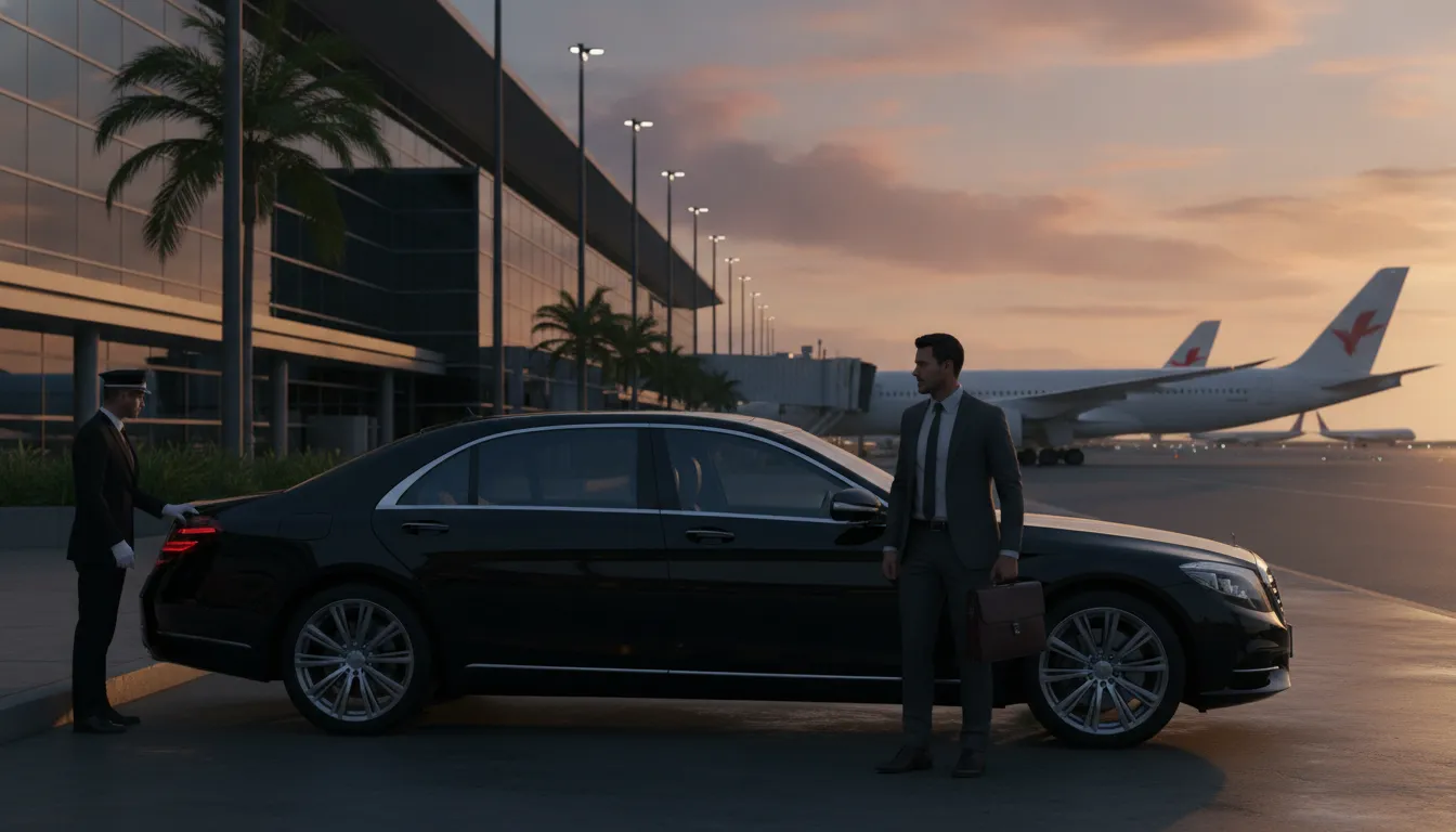 Professional chauffeur in suit holding door for executive traveler at San Jose Airport curbside pickup zone
