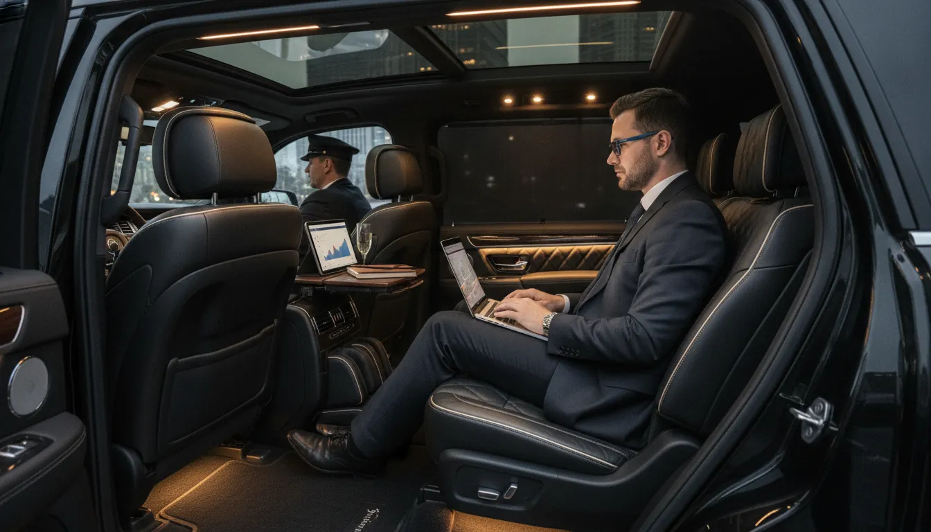Luxurious black leather interior of a chauffeured SUV with a business traveler working on a laptop in the back seat