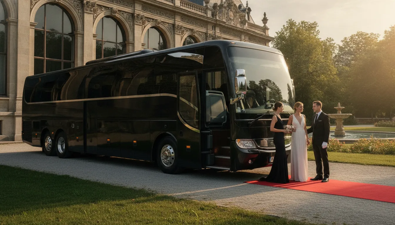 Wedding guests boarding a luxury wedding shuttle service at a Bay Area venue