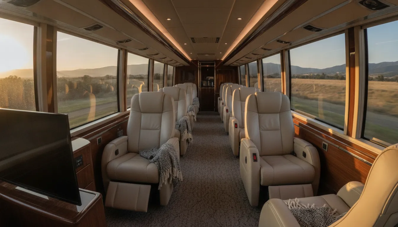 The spacious interior of a premium luxury motor coach with comfortable leather seating, wide windows, and modern amenities.