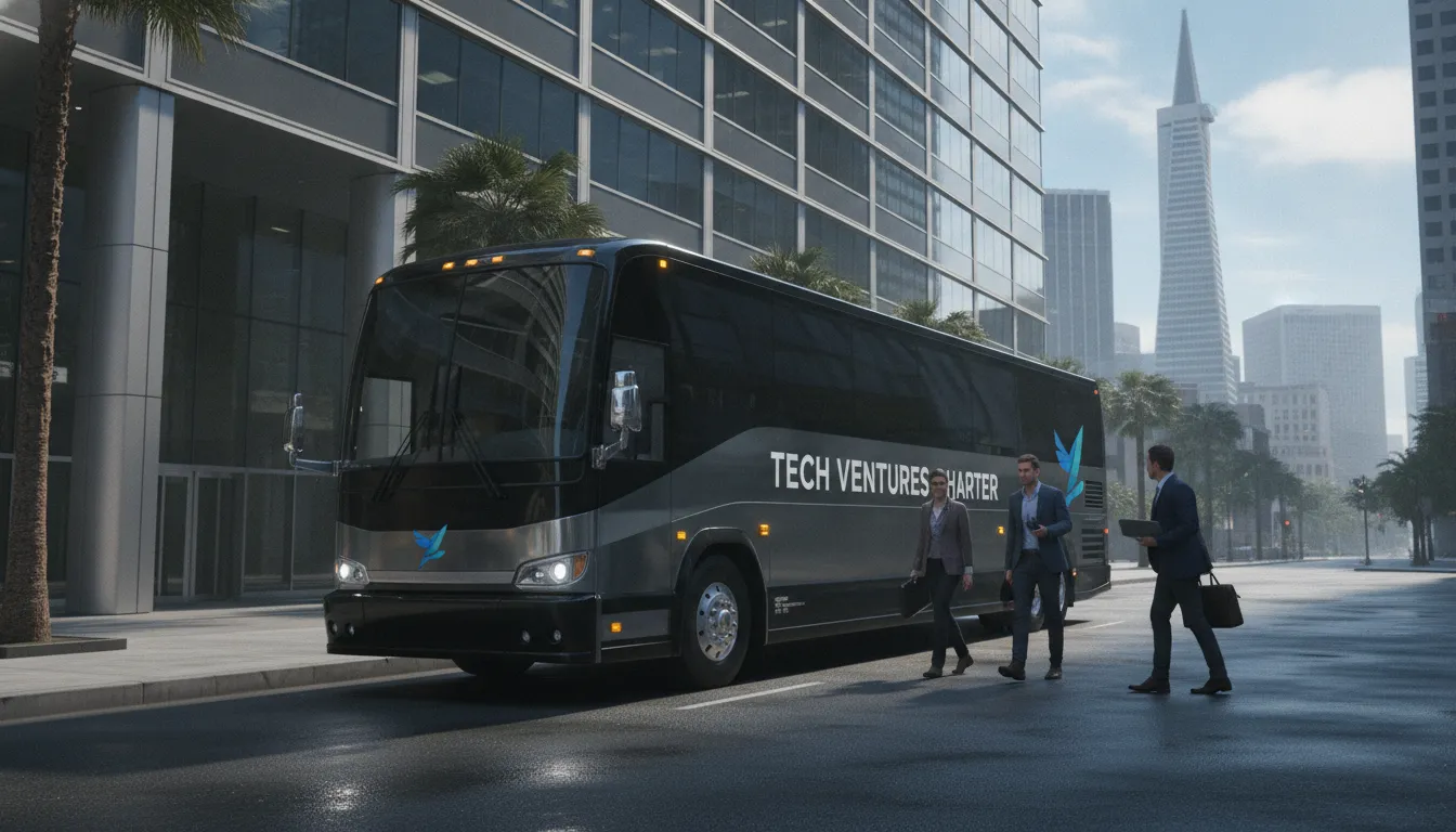 A modern luxury motor coach parked in front of a San Francisco corporate office building during the day.