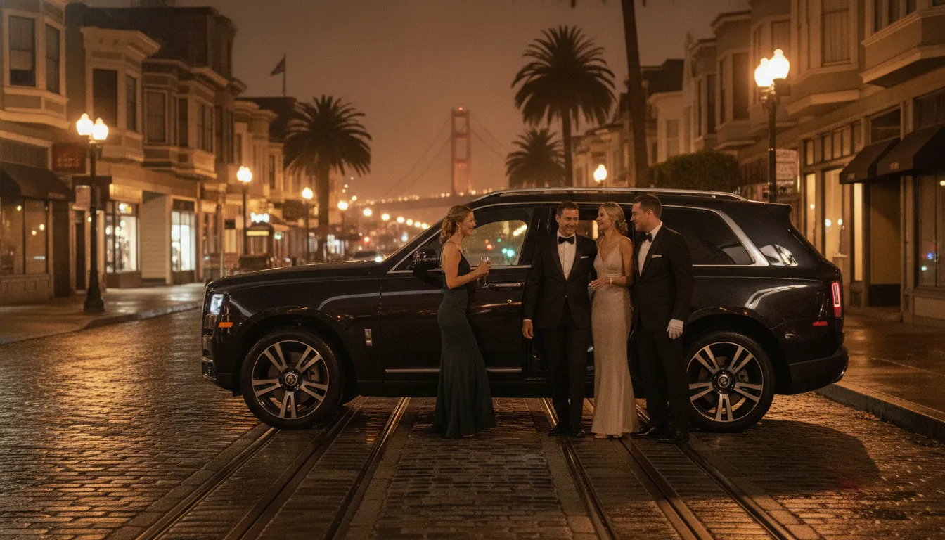 Chauffeur helping a small group into a luxury SUV at dusk