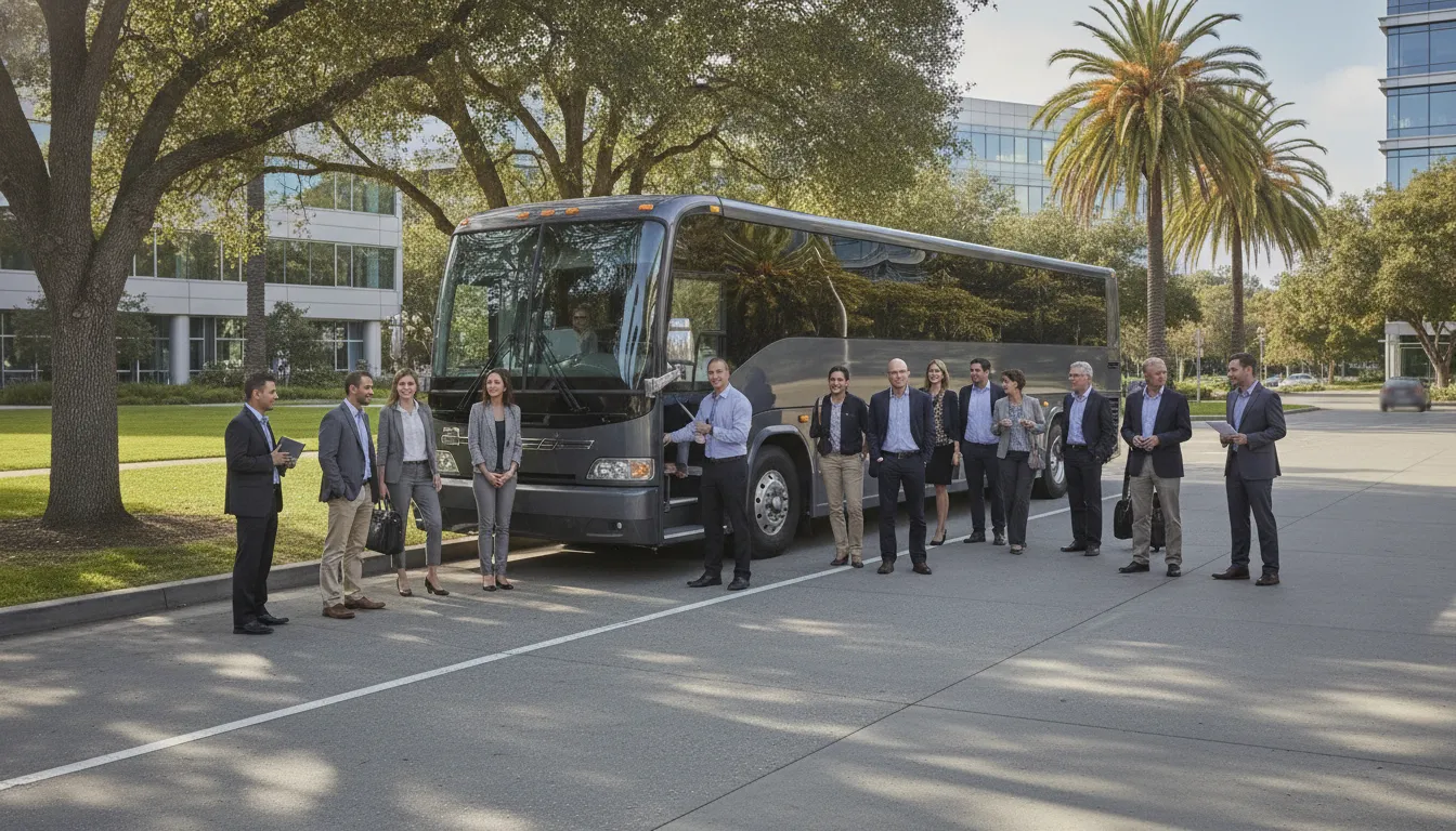 Charter bus group arrival at a Palo Alto business campus