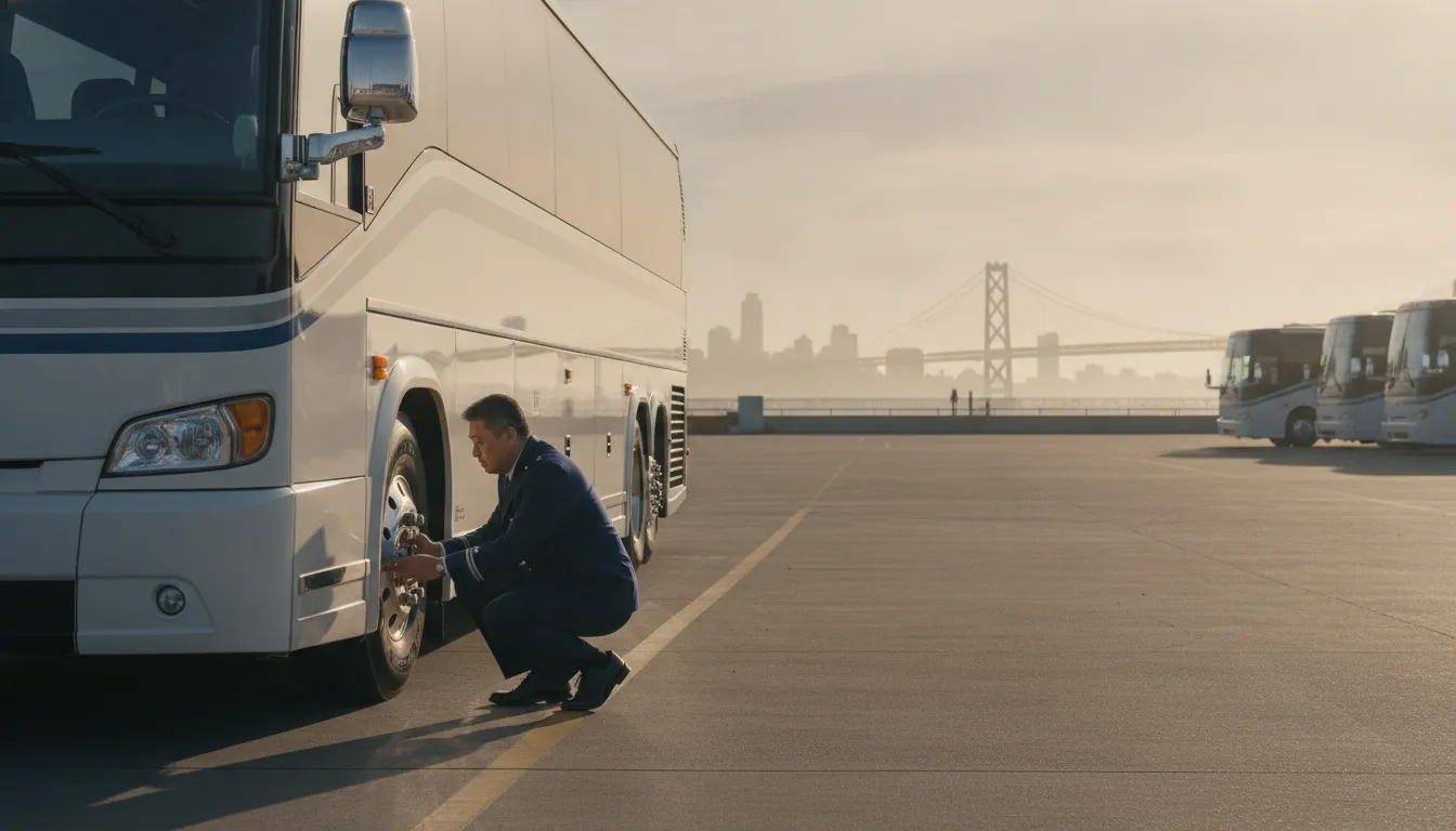 Charter bus driver checking a motorcoach before a Palo Alto trip