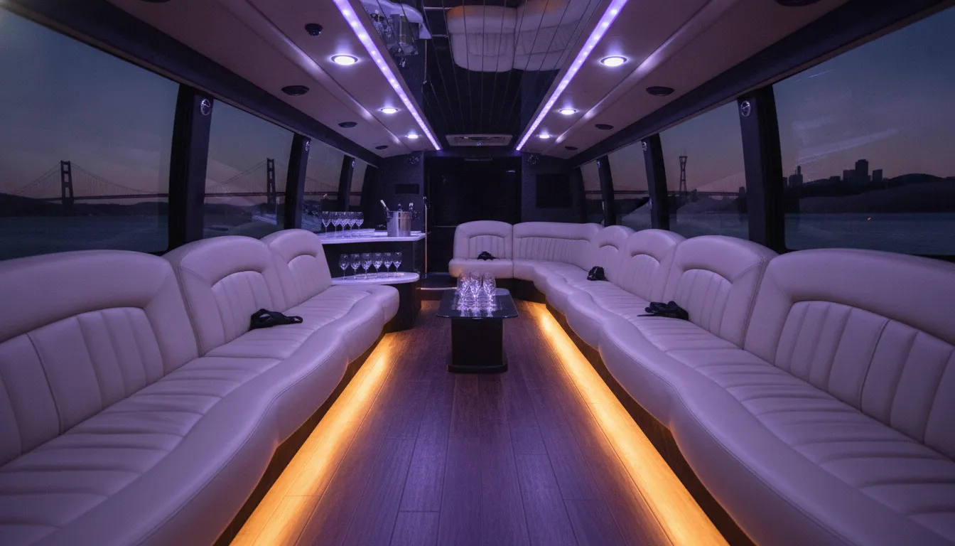 Premium party bus interior with wraparound seating and ambient lighting