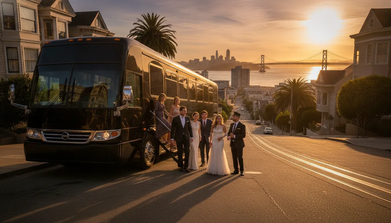 Party bus on a San Francisco route near the city skyline