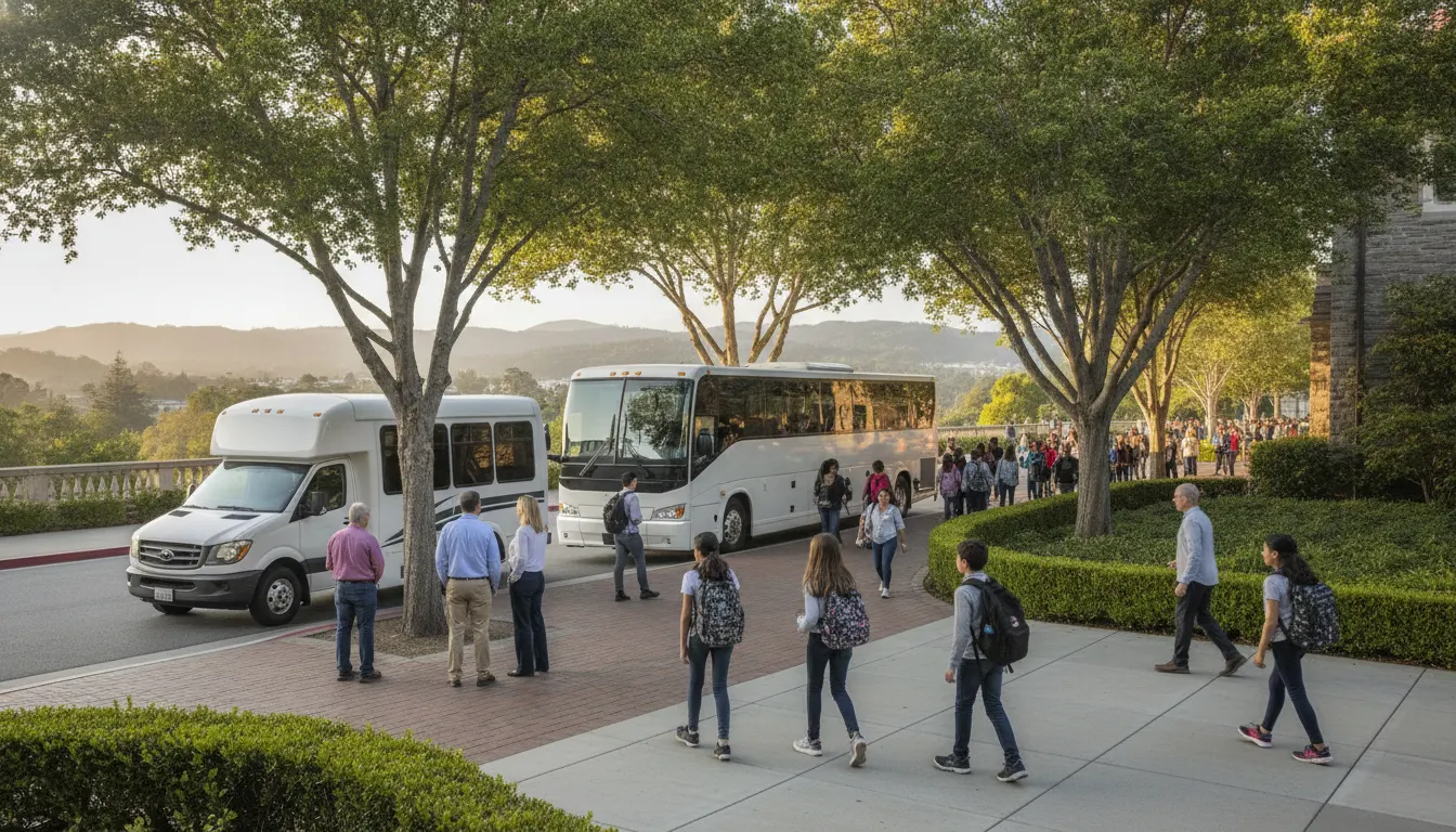 Private school transportation Bay Area charter coach and shuttle arriving at a school campus