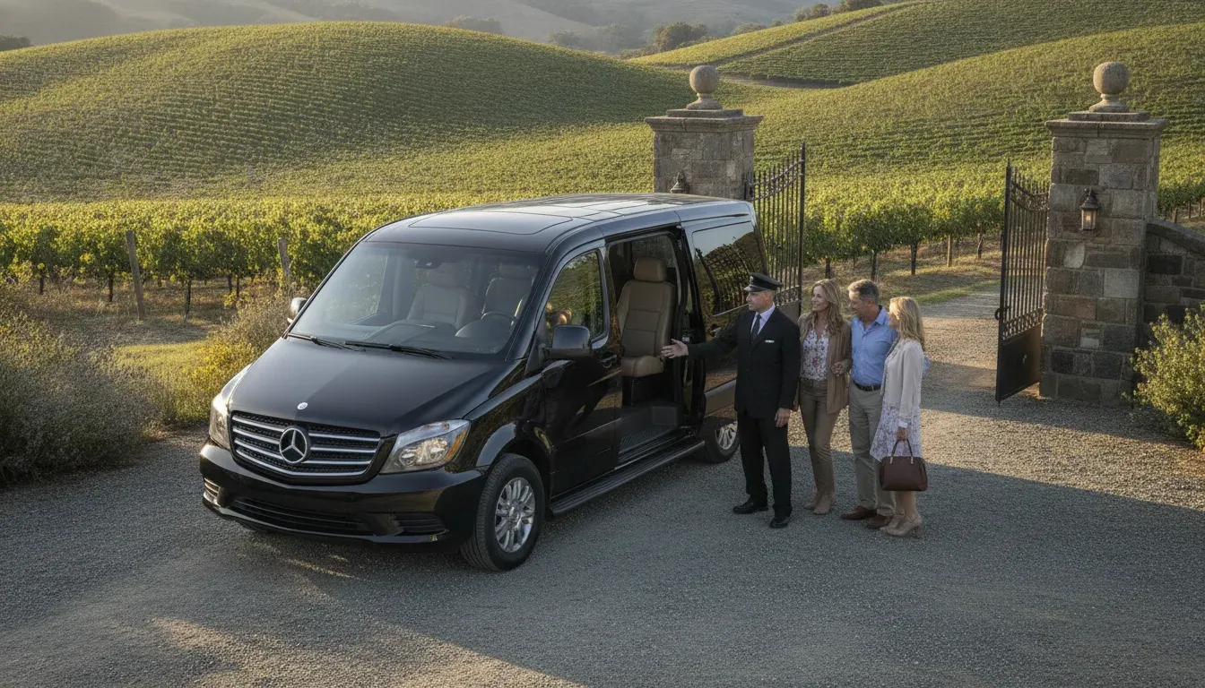 Luxury passenger van and chauffeur at a Sonoma vineyard